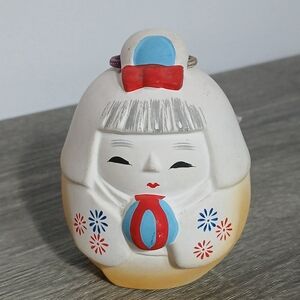 Vintage Japanese Clay Bell Dorei Girl With Cherry Blossom Kimono Lucky Charm